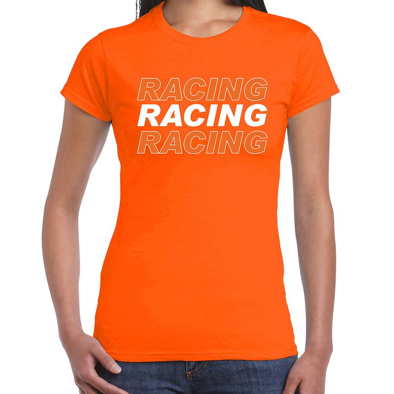 Foto van Racing supporter / race fan t-shirt oranje voor dames xs - feestshirts