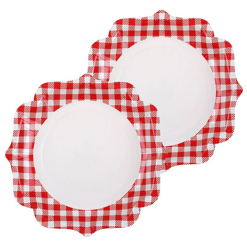 Foto van Santex boerenbont oktoberfest thema wegwerpbordjes - 20x - 23 cm - gingham/vichy print - feestbordjes