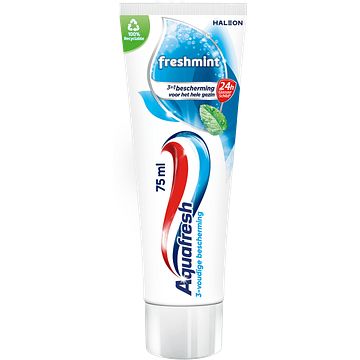 Foto van Aquafresh freshmint 3in1 tandpasta voor een frisse adem 75ml, recyclebare plastic tube en dop bij jumbo