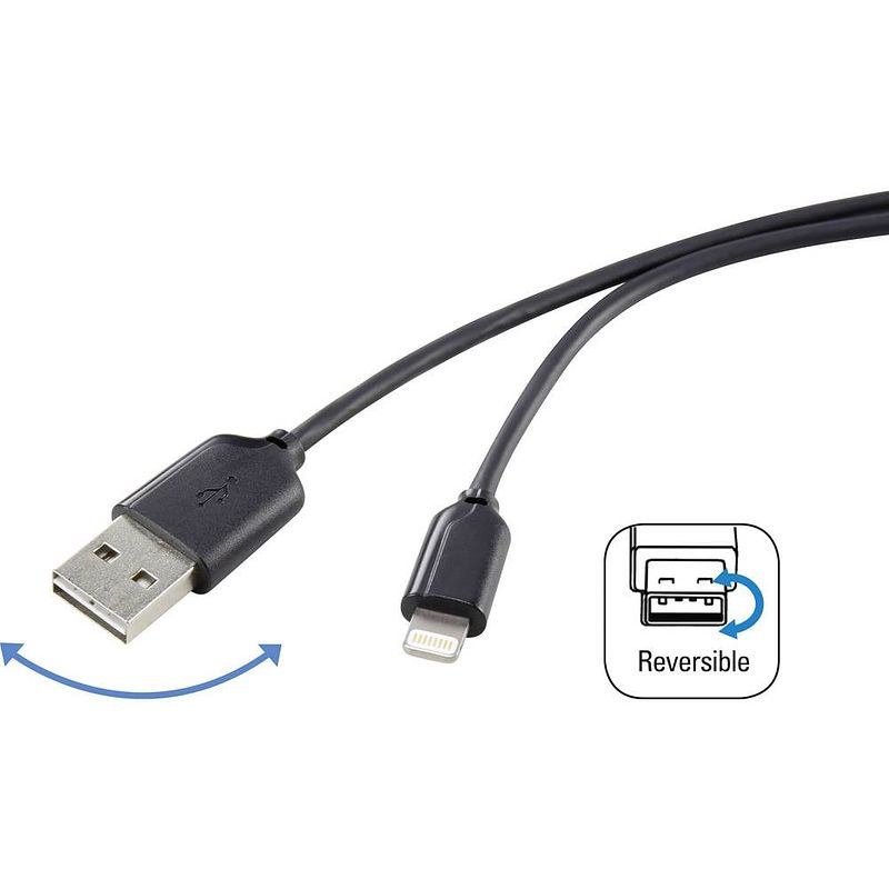 Foto van Renkforce usb-kabel usb 2.0 usb-a stekker, apple lightning stekker 1.00 m zwart stekker past op beide manieren, vergulde steekcontacten rf-4048395