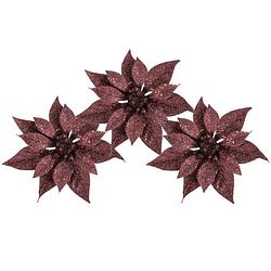 Foto van 3x stuks decoratie bloemen kerstster donkerrood glitter op clip 18 cm - kunstbloemen