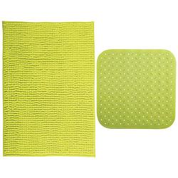 Foto van Msv douche anti-slip mat en droogloop mat - sevilla badkamer set - rubber/microvezel - limegroen - badmatjes