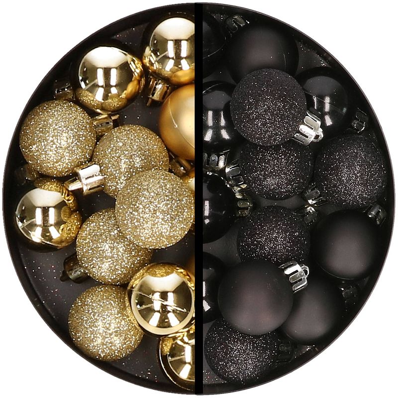 Foto van 34x stuks kunststof kerstballen goud en zwart 3 cm - kerstbal