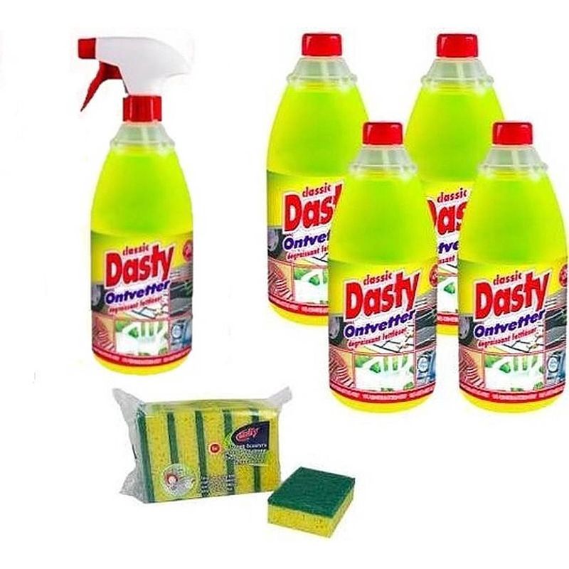 Foto van Dasty ontvetter voordeelpack: 1x spuitfles + 4x navulling + gratis set van 5x sponzen en 1x schoonmaakhandschoenen