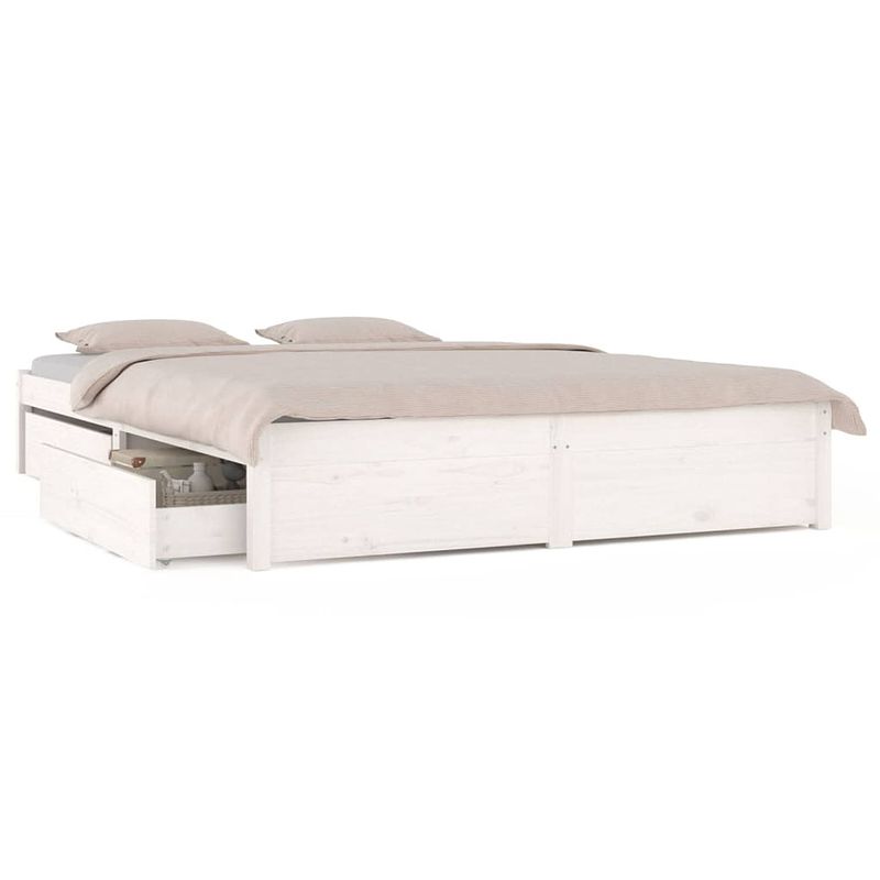 Foto van The living store bedframe grenenhout - opbergfunctie - wit - 195.5 x 145.5 x 31 cm - geschikt voor 140 x 190 cm matras