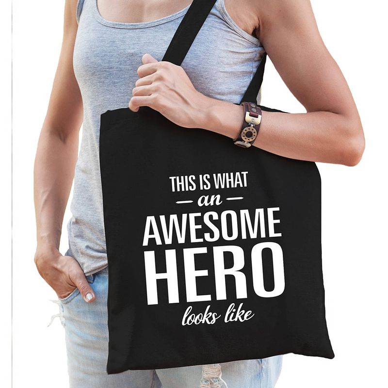 Foto van Awesome hero / held cadeau tas zwart voor dames - feest boodschappentassen