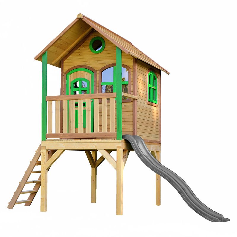Foto van Axi laura speelhuis op palen & grijze glijbaan speelhuisje voor de tuin / buiten in bruin & groen van fsc hout
