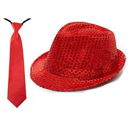 Foto van Carnaval verkleed set glitter hoed en stropdas rood - verkleedhoofddeksels