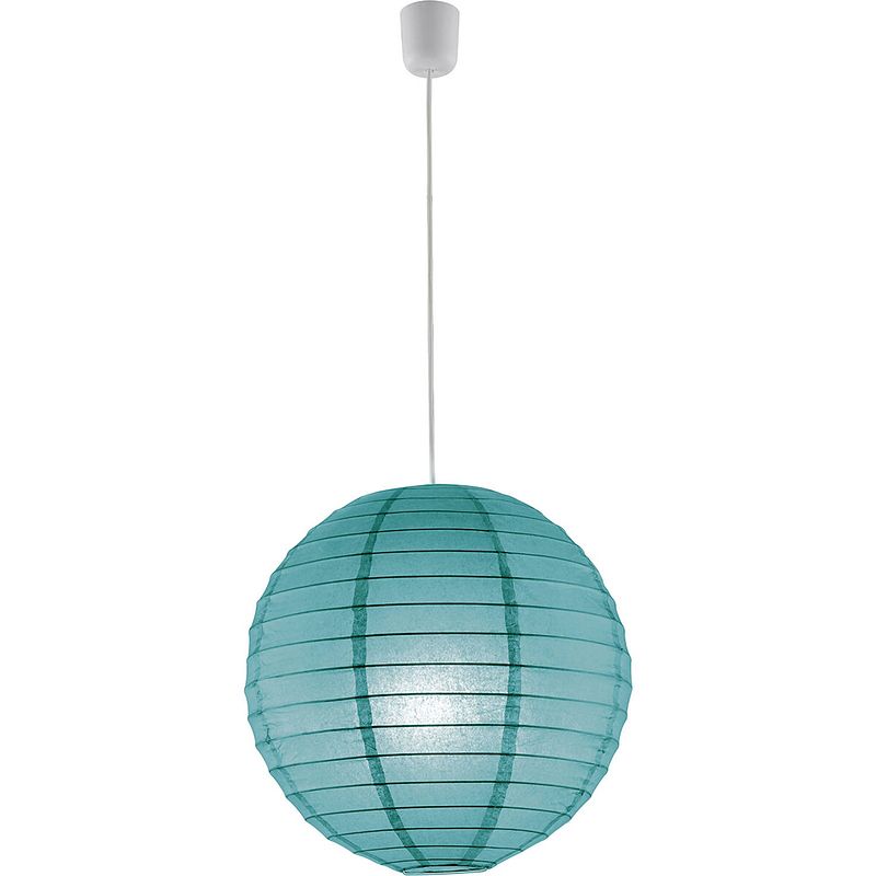 Foto van Led hanglamp - hangverlichting - trion ponton - e27 fitting - rond - mat turquoise - papier