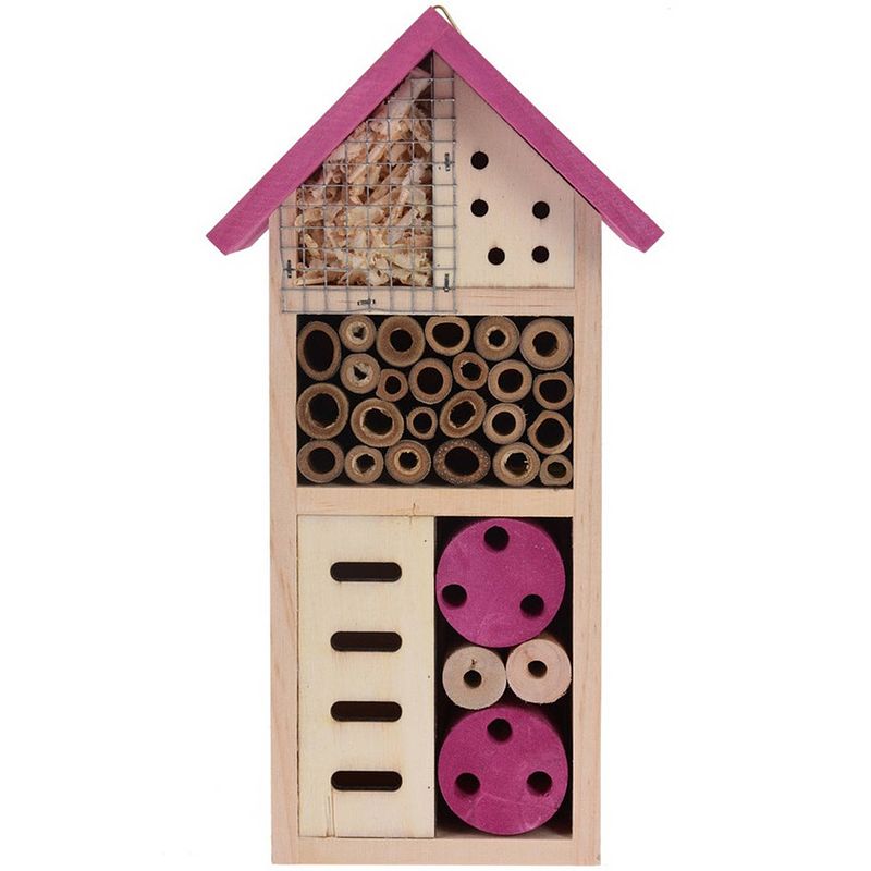 Foto van Insectenhotel huisje roze dak 26 cm - insectenhotel