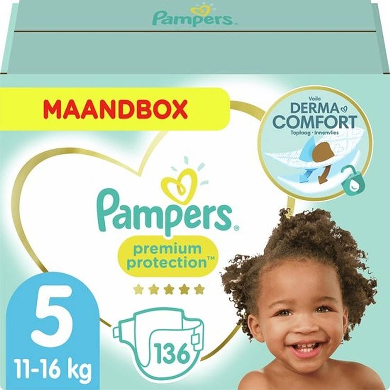 Foto van Pampers premium protection luiers maat 5 - 136 stuks maandbox