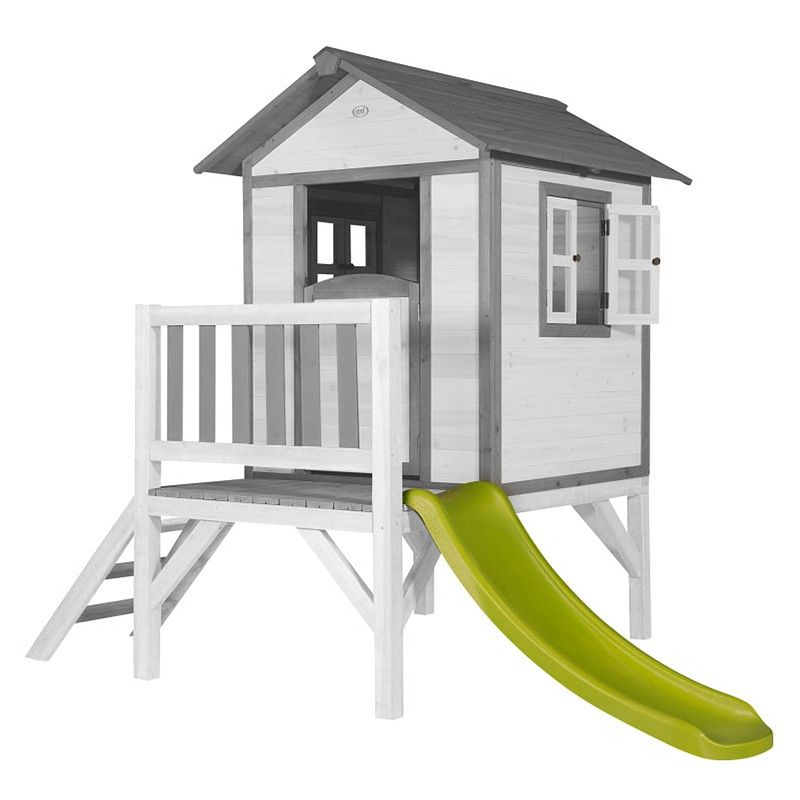 Foto van Axi beach lodge xl speelhuis op palen en groene glijbaan speelhuisje voor de tuin / buiten in grijs & wit van fsc hout
