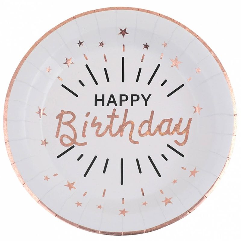 Foto van Verjaardag feest bordjes happy birthday - 10x - rose goud - karton - 22 cm - rond - feestbordjes