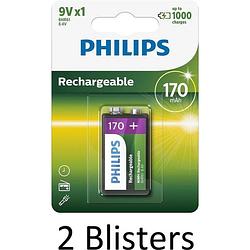 Foto van 2 stuks (2 blisters a 1 st) philips oplaadbare 9v batterij - 170mah