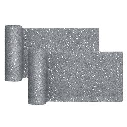 Foto van Tafelloper op rol - 2x - zilver glitter - smal 18 x 500 cm - polyester - feesttafelkleden
