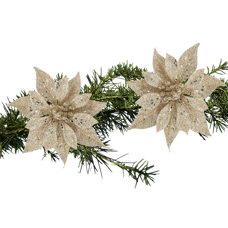 Foto van 2x stuks kerstboom bloemen roos champagne glitter op clip 10 cm - kersthangers