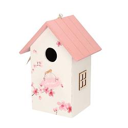 Foto van Nestkast/vogelhuisje hout wit met roze dak 15 x 12 x 22 cm - vogelhuisjes