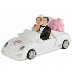 Foto van Trouw figuurtje bruidspaar in witte auto 14 cm - taartdecoraties
