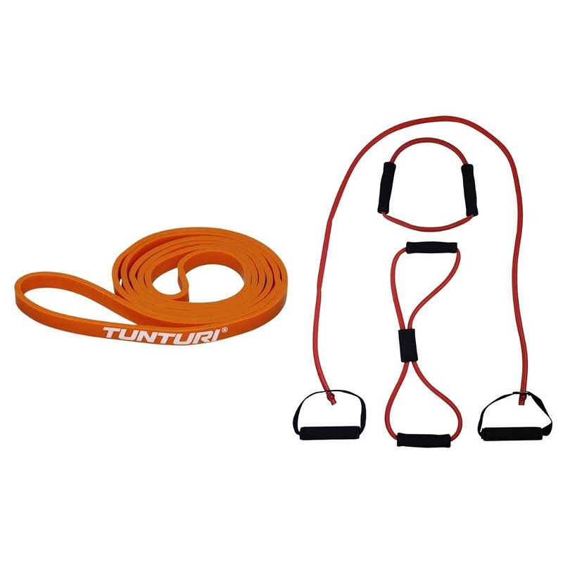 Foto van Tunturi - fitness set - weerstandsband oranje - extra light - tubing set rood