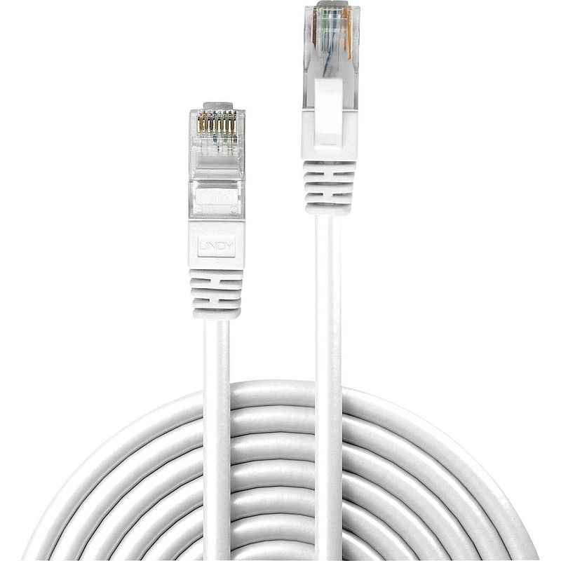 Foto van Lindy 48100 rj45 netwerkkabel, patchkabel cat 6 u/utp 30.00 m wit snagless 1 stuk(s)