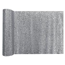 Foto van Kerst thema tafelloper op rol - zilver glitter - 28 x 300 cm - polyester - tafellakens