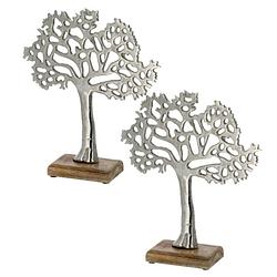 Foto van 2x stuks decoratie levensboom van aluminium op houten voet 25 cm zilver - beeldjes