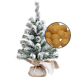 Foto van Mini kerstboom besneeuwd met verlichting - in jute zak - h45 cm - okergeel - kunstkerstboom