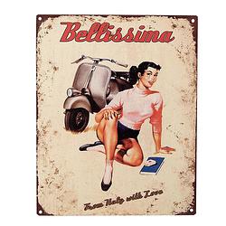 Foto van Clayre & eef tekstbord 20x25 cm beige ijzer vrouw met scooter bellissima from italy with love wandbord spreuk wandplaat