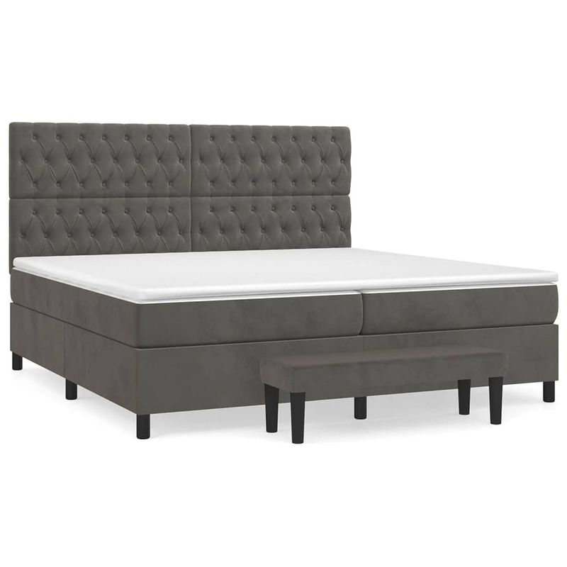 Foto van The living store bed donkergrijs - 203x200x118/128 cm - fluweel - pocketvering - middelharde ondersteuning -