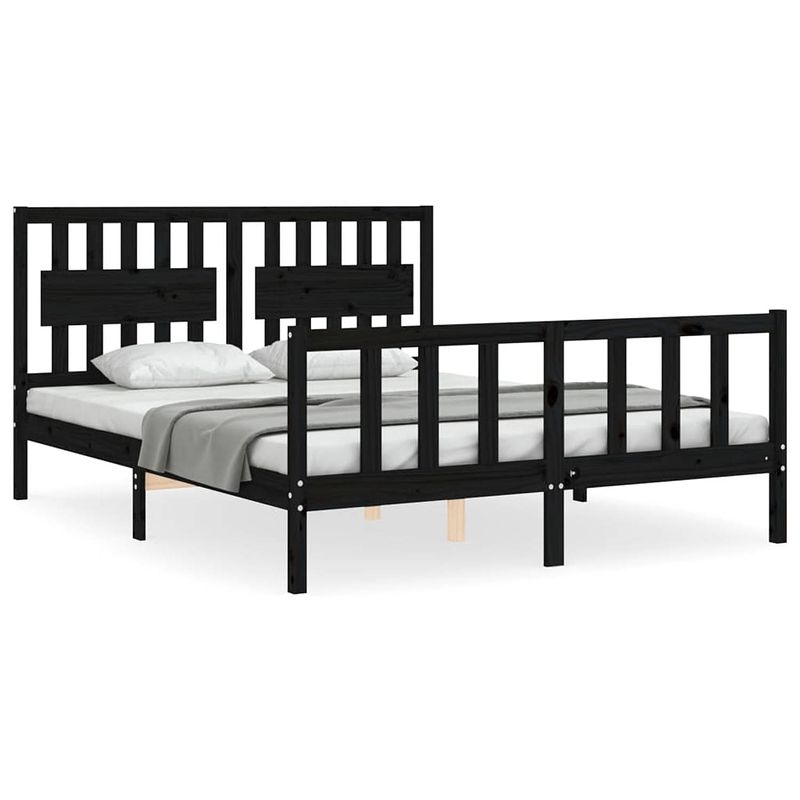 Foto van The living store bedframe grenenhout - zwart - 205.5 x 165.5 x 100 cm - multiplex lattenbodem - functioneel hoofd- en