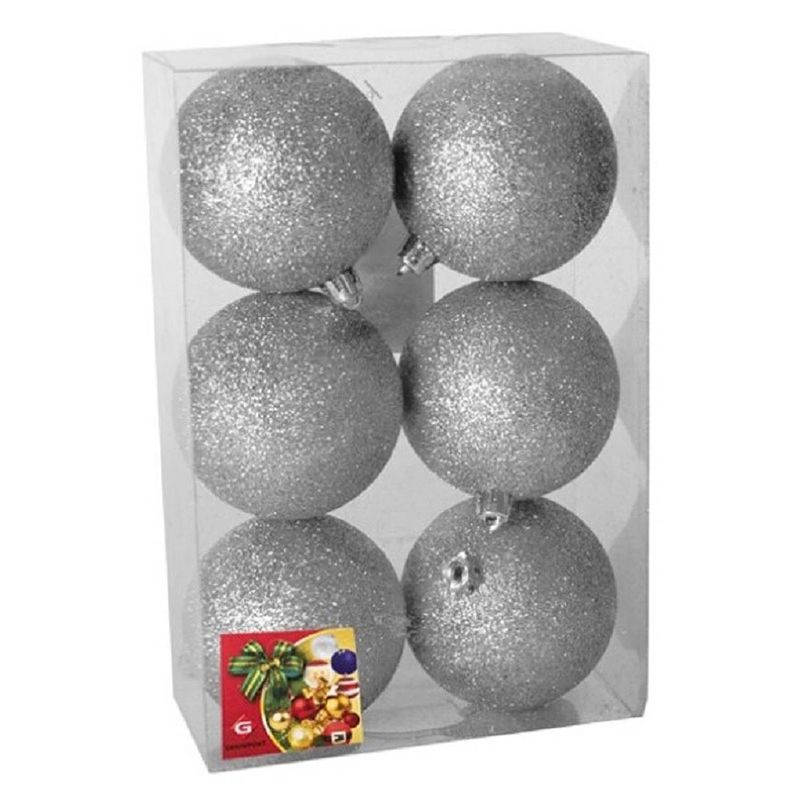 Foto van 6x stuks kerstballen zilver glitters kunststof 8 cm - kerstbal