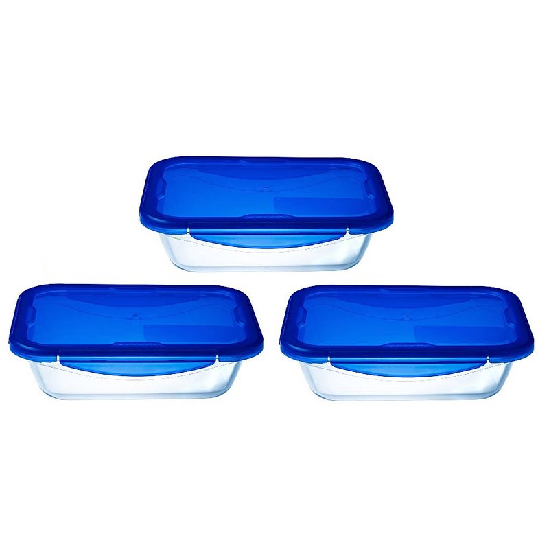 Foto van Pyrex - cook & go rechthoekige schaal met deksel - set van 3 stuks - blauw - pyrex