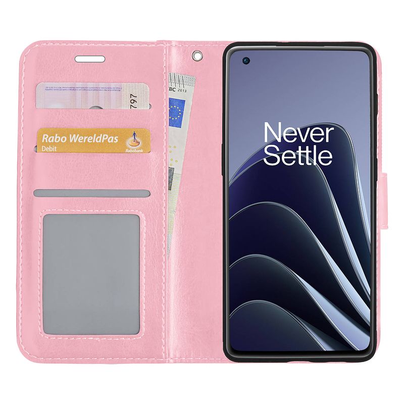 Foto van Basey oneplus 10 pro hoesje book case kunstleer cover hoes oneplus 10 pro-lichtroze