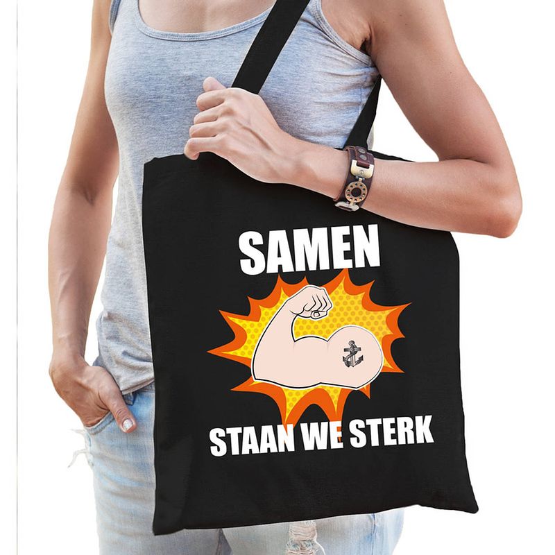 Foto van Samen staan we sterk tas coronacrisis zwart voor dames - feest boodschappentassen