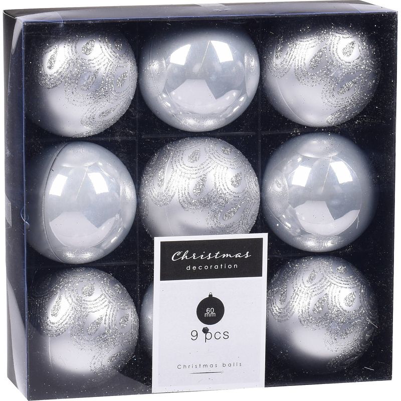 Foto van 9x kerstboomversiering luxe kunststof kerstballen zilver 6 cm - kerstbal