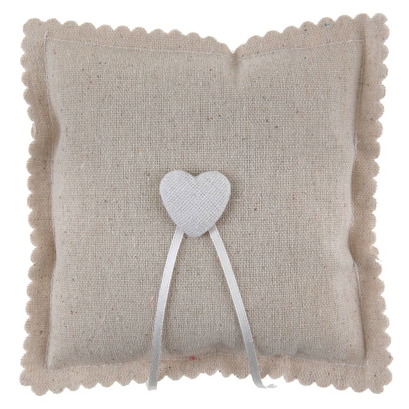 Foto van Bruiloft/huwelijk trouwringen kussentje/ringkussen - jute look - beige - 15 x 15 cm - feestdecoratievoorwerp