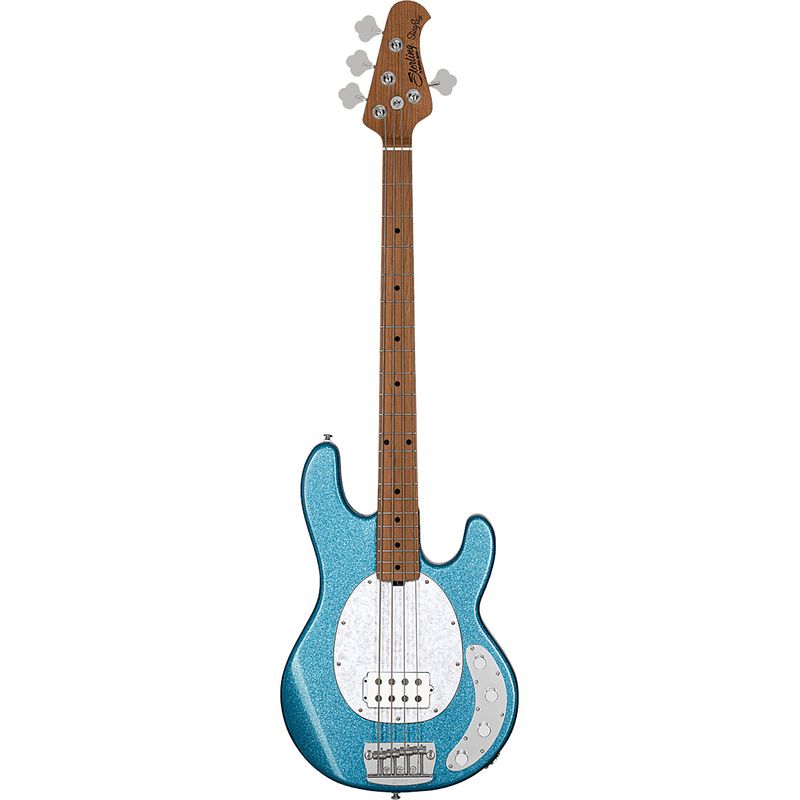 Foto van Sterling by music man stingray ray34 blue sparkle elektrische basgitaar met deluxe gigbag