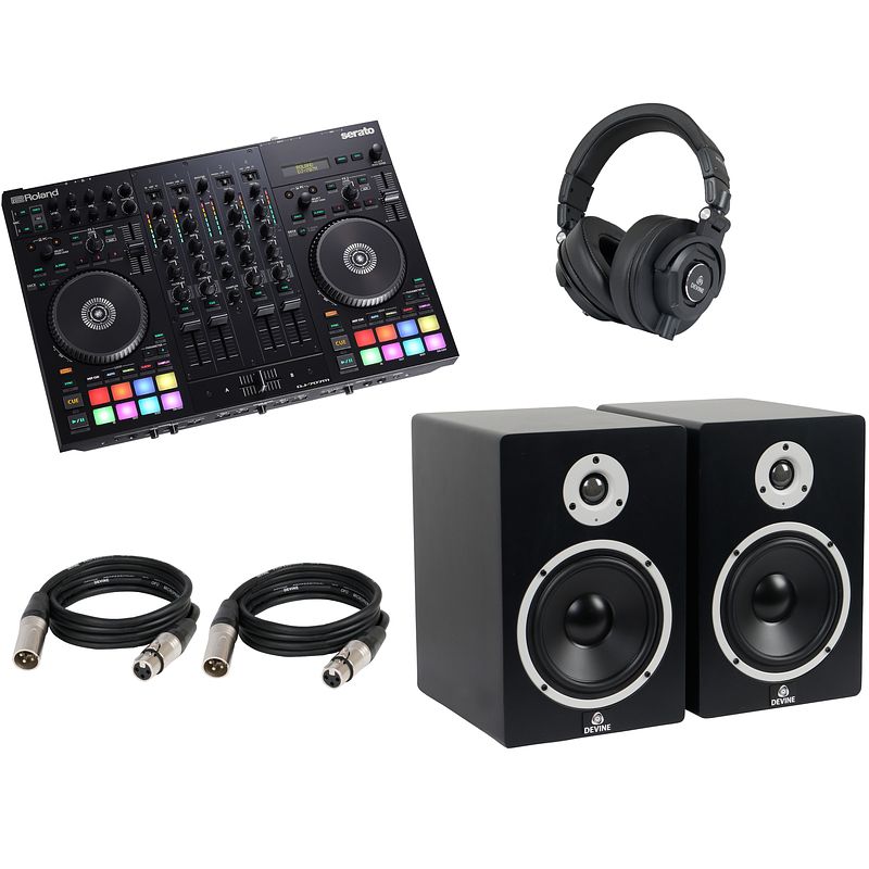 Foto van Roland dj-707m mobiele dj controller set met speakers en koptelefoon