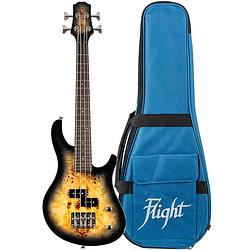 Foto van Flight rock series mini bass ukulele poplar burl solid body elektrische bas-ukelele met deluxe gigbag