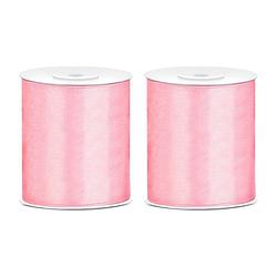 Foto van 2x hobby/decoratie roze satijnen sierlinten 10 cm/100 mm x 25 meter - cadeaulinten