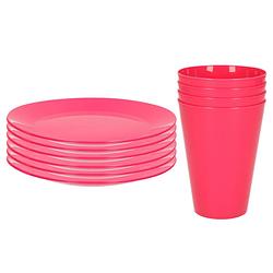 Foto van Kunststof ontbijt/diner 8x bordjes 26 cm en 8x bekertjes 430 ml set roze - campingborden