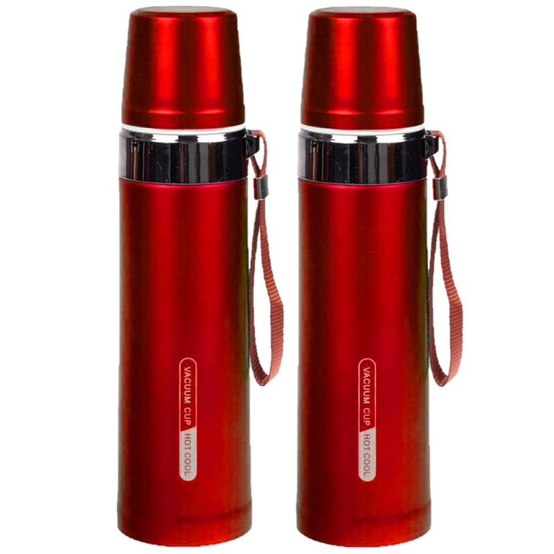 Foto van 2x stuks thermosfles / isoleerfles rvs met bandje voor onderweg 750 ml rood - thermosflessen