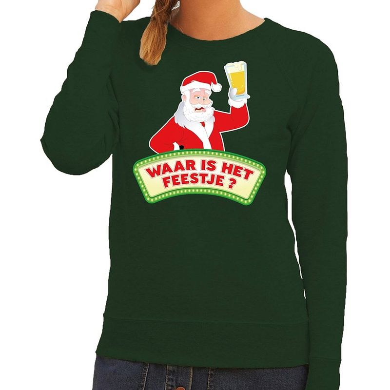 Foto van Foute kersttrui / sweater voor dames - groen - dronken kerstman met biertje xl (42)