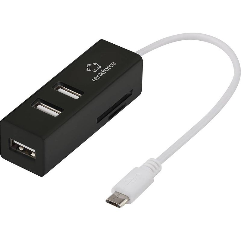 Foto van Renkforce rf-4995192 3 poorten usb 2.0-hub met ingebouwde sd-kaartlezer, met otg-functie zwart