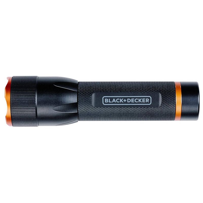 Foto van Black+decker led zaklamp 120 lumen - 3w - 140m bereik - 3 lichtstanden: hoog, laag, pulserend - zwart/oranje