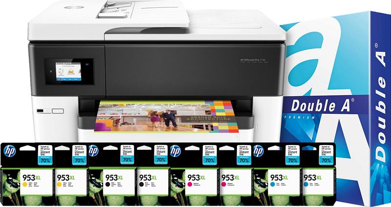 Foto van Hp officejet 7740 + 2 set extra inkt + 500 vellen a4 papier