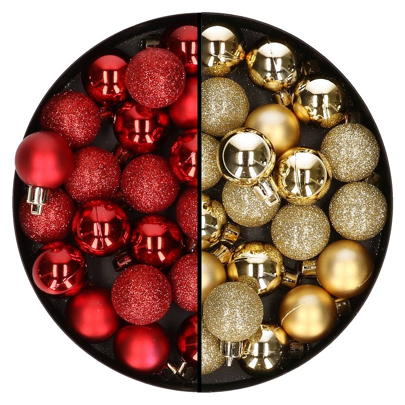 Foto van Kleine kunststof kerstversiering 40x stuks set en 3 cm kerstballen in het goud en rood - kerstbal