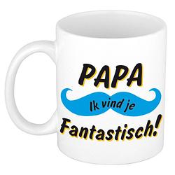 Foto van Papa ik vind je fantastisch cadeau mok / beker wit met blauwe snor 300 ml - feest mokken