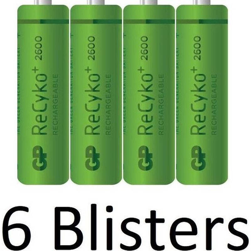 Foto van 24 stuks (6 blisters a 4 st) gp recyko+ rechargeable nimh aa/hr06 2600mah