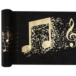 Foto van Muziek thema tafelloper op rol - 5 m x 30 cm - zwart/goud - non woven polyester - feesttafelkleden